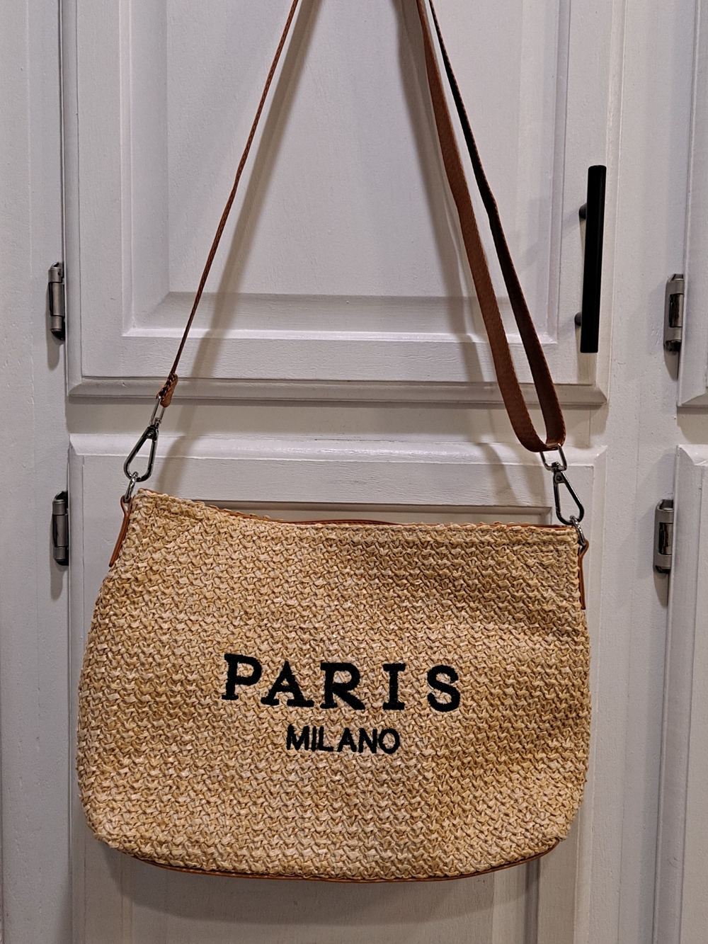PARIS Milano Straw Crossbody Handbag Bag Natural Tan Embroidered Lettering
